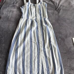 Linen/Cotton Button Up Striped Blue and White Maxi Dress | Size XS